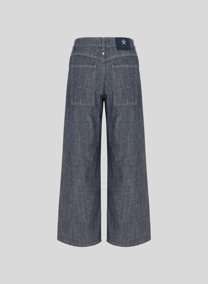 WIDE-LEG CHAMBRAY COTTON DENIM-EFFECT PANTS