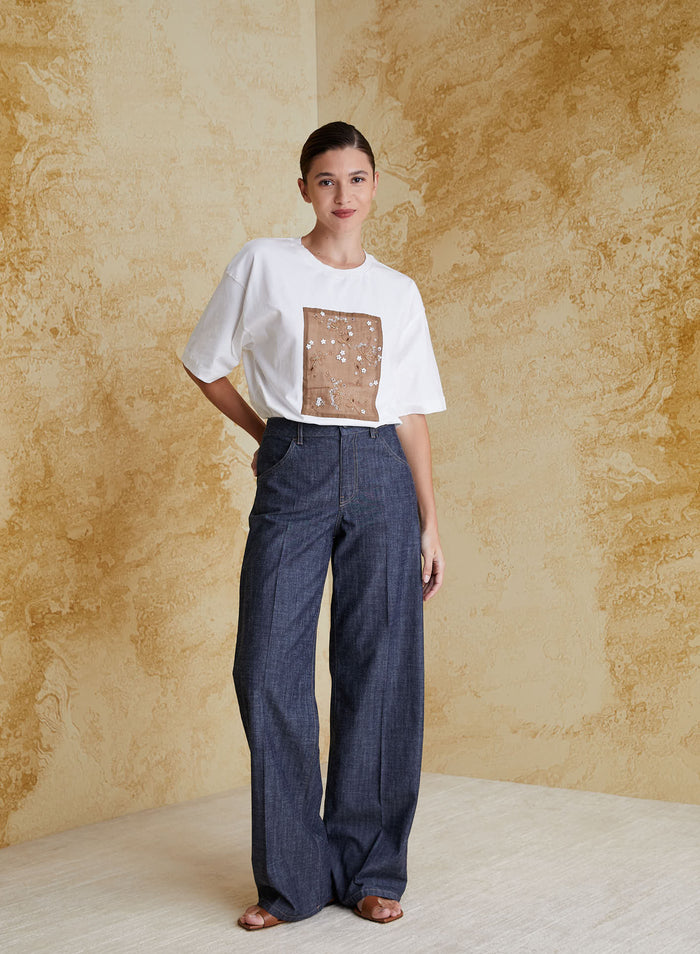 WIDE-LEG CHAMBRAY COTTON DENIM-EFFECT PANTS