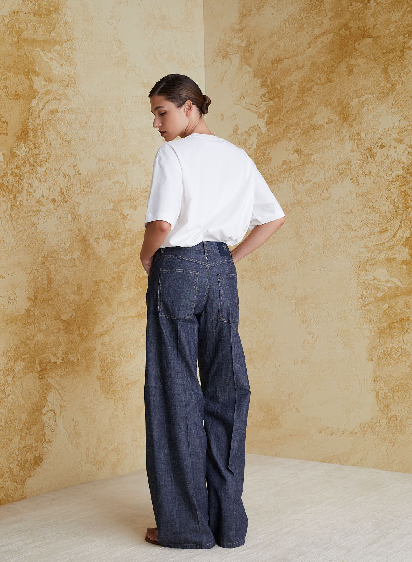 WIDE-LEG CHAMBRAY COTTON DENIM-EFFECT PANTS