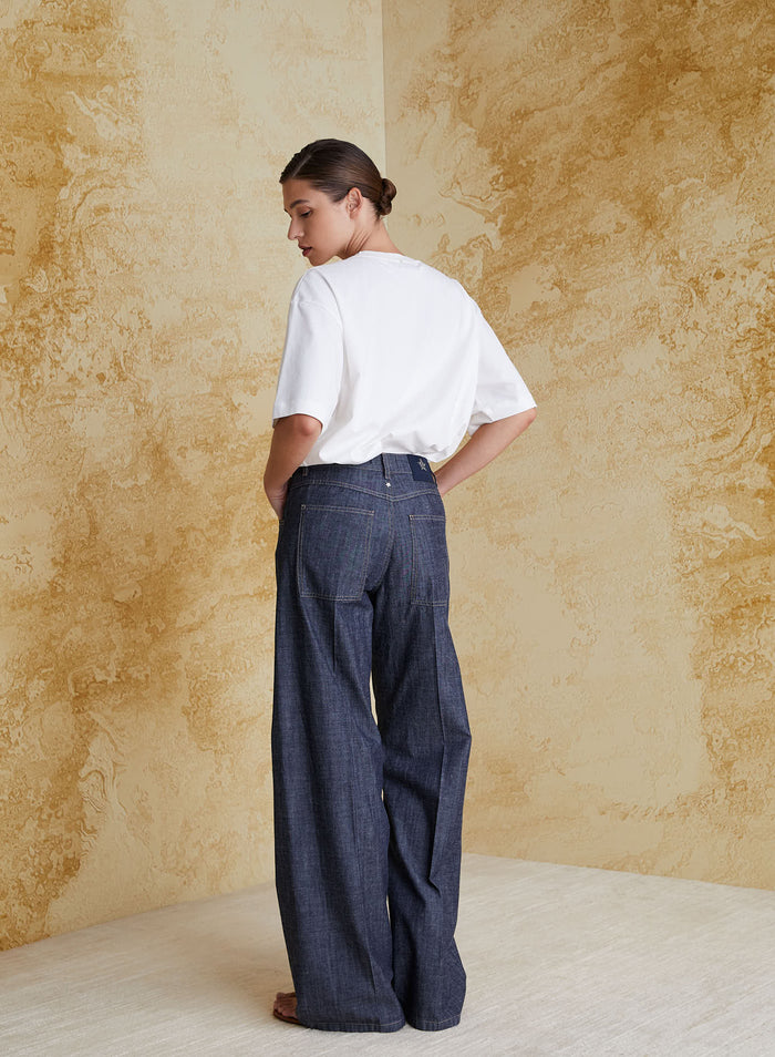 WIDE-LEG CHAMBRAY COTTON DENIM-EFFECT PANTS