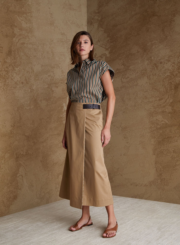 COTTON POPLIN WRAP MIDI SKIRT