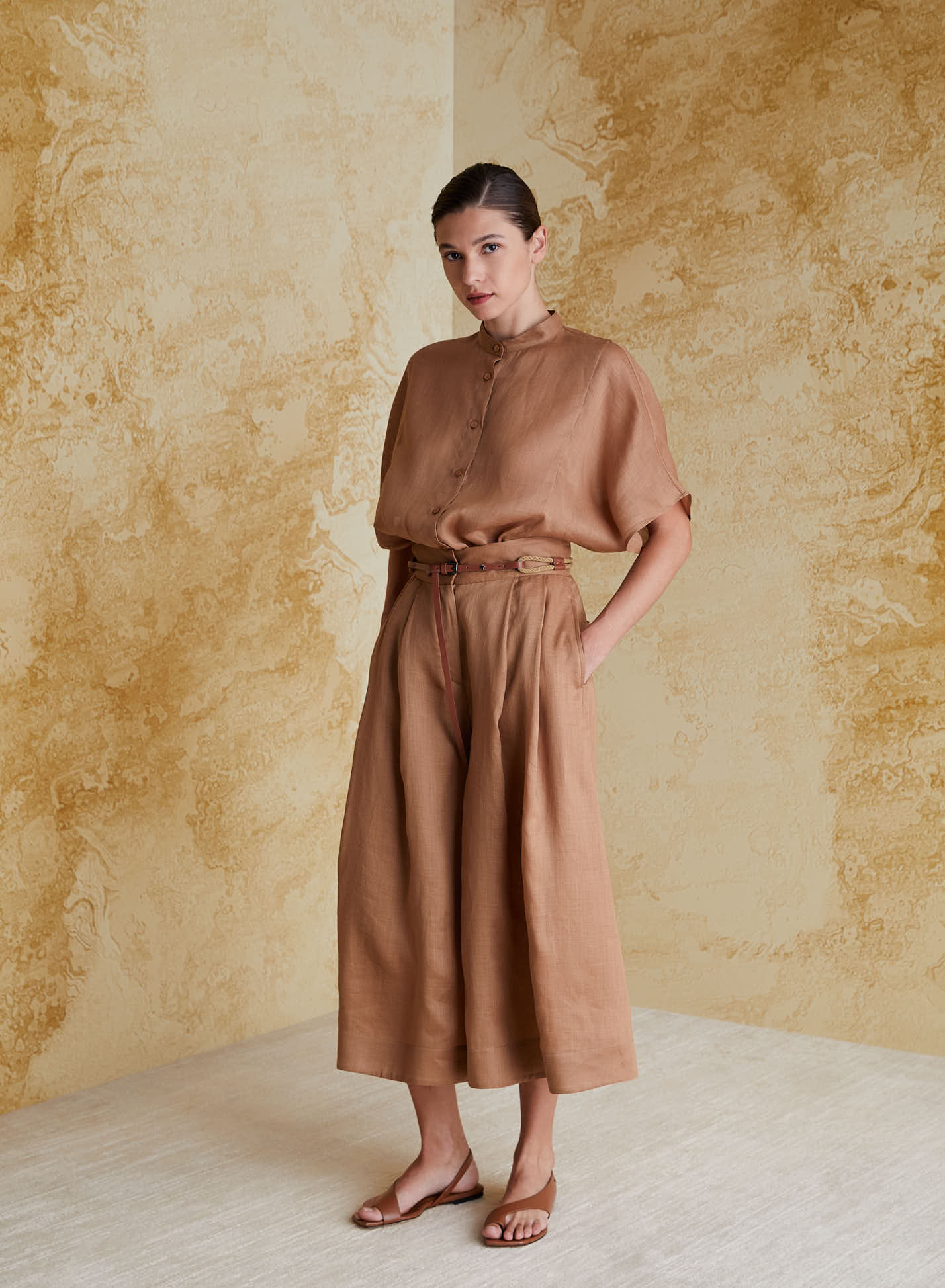 RAMIE TWILL KOREAN COLLAR SHIRT