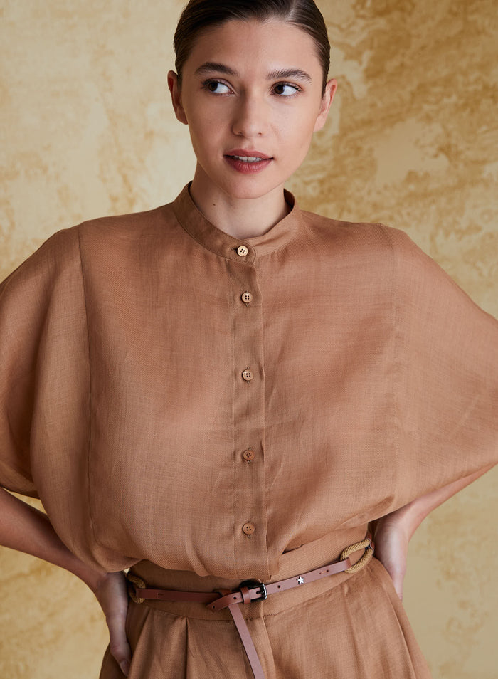 RAMIE TWILL KOREAN COLLAR SHIRT