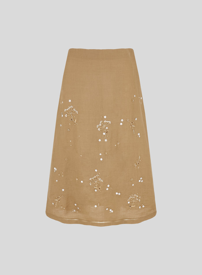 EMBROIDERED RAMIE LONGUETTE SKIRT