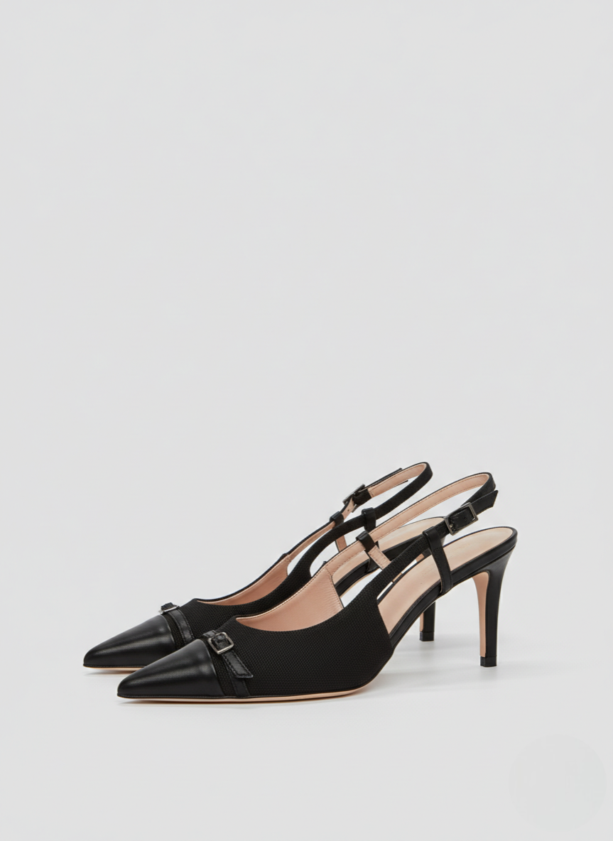 LEATHER AND CANVAS POINTED SLINGBACK