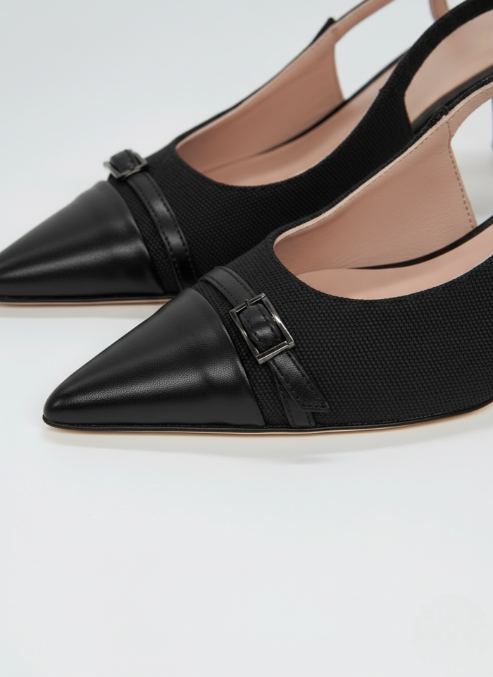 LEATHER AND CANVAS POINTED SLINGBACK