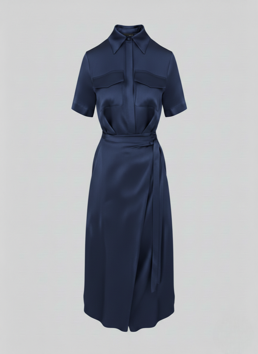 SILK BLEND TWILL CHEMISIER WRAP DRESS