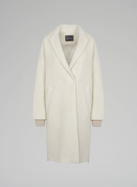 Bouclé Alpaca Long Notched Collar Wrap Ivory Coat | SENTALER