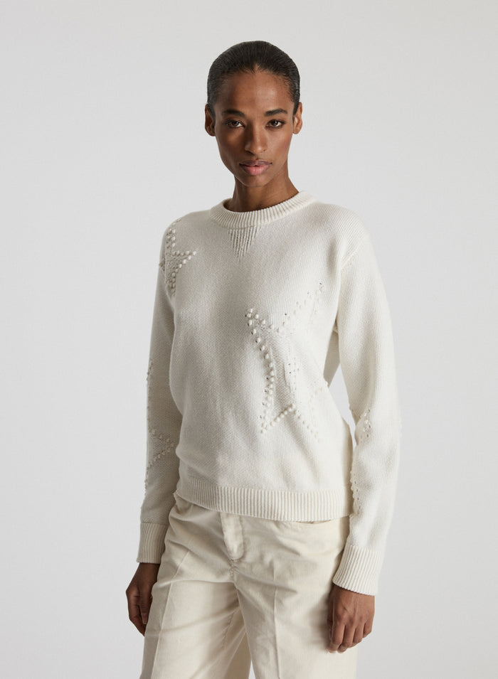 WOOL, CASHMERE AND SILK CREW NECK SWEATER WITH JACQUARD STARS PATTERN 