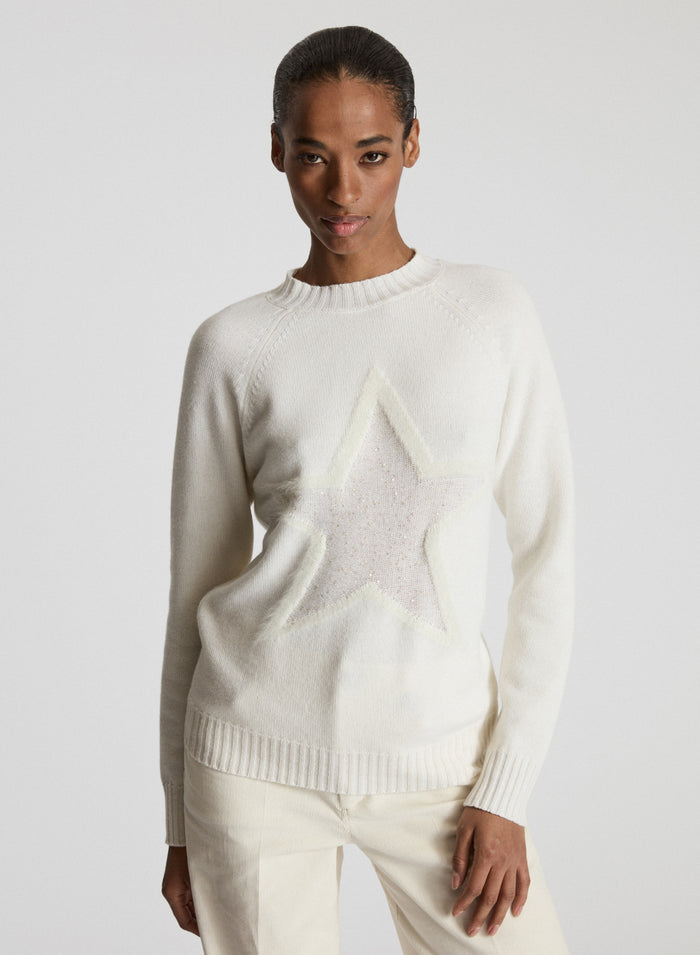 WOOL, CASHMERE AND SILK CREW NECK SWEATER WITH INTARSIA STARS DESIGN