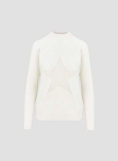 WOOL, CASHMERE AND SILK CREW NECK SWEATER WITH INTARSIA STARS DESIGN