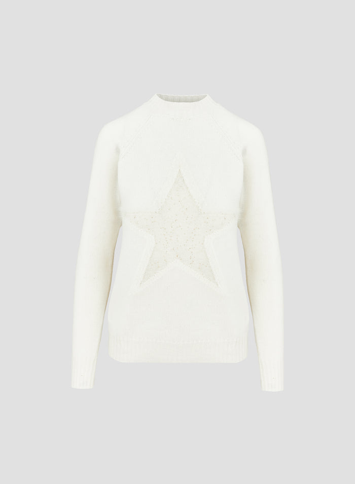 WOOL, CASHMERE AND SILK CREW NECK SWEATER WITH INTARSIA STARS DESIGN