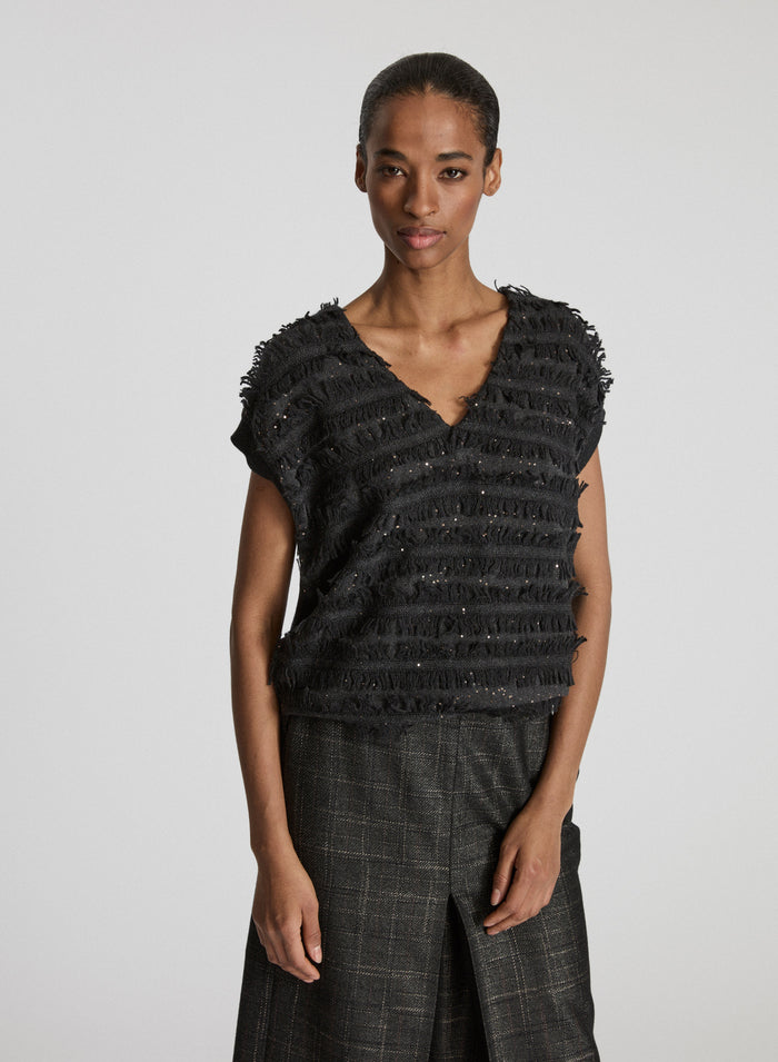 GILET CON FRANGE IN MAGLIA DI LANA E PAILLETTES