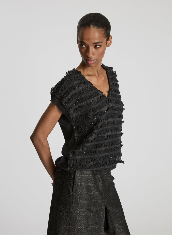 WOOL AND SEQUINS FRINGED KNIT VEST