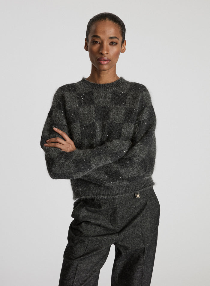 MOHAIR WOOL CHECK SWEATER WITH SEQUINS INSERT