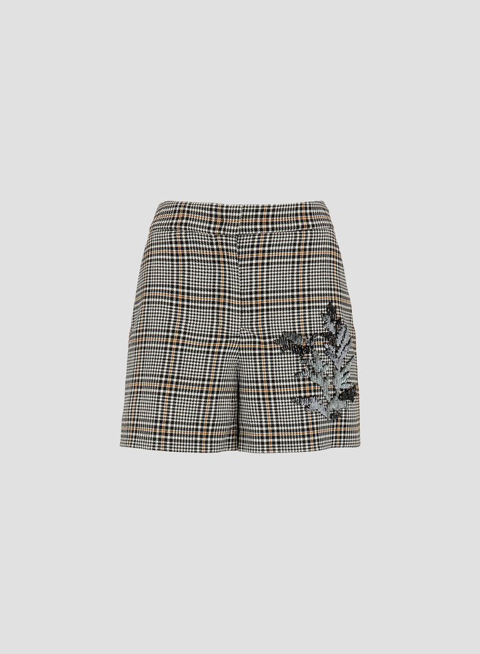 WOOL CHECK SHORTS WITH EMBROIDERY