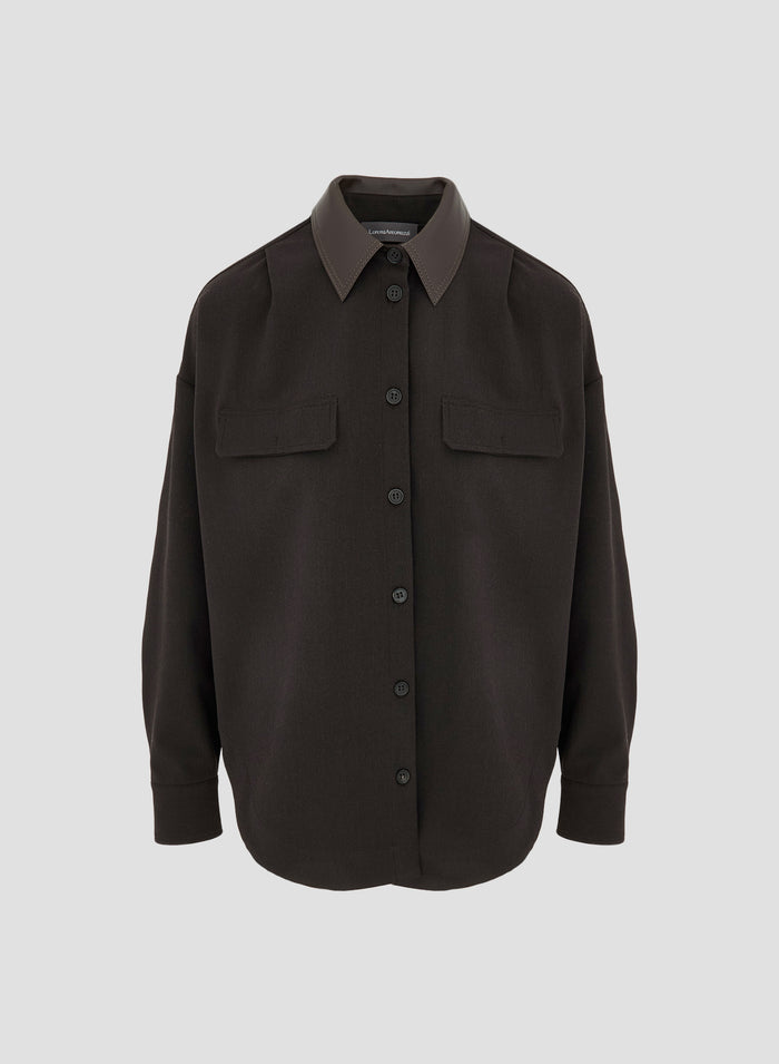 WOOL TWILL SHIRT WITH LEATHER COLLAR