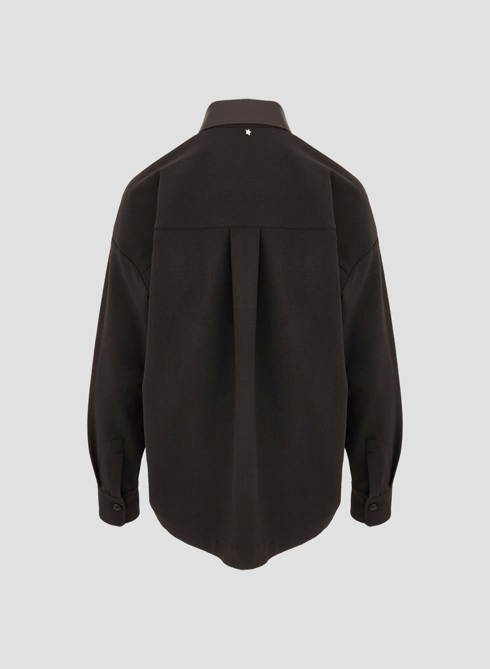 WOOL TWILL SHIRT WITH LEATHER COLLAR
