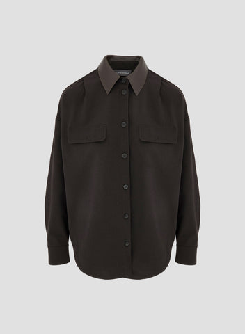 CAMICIA IN TWILL DI LANA CON COLLETTO IN PELLE