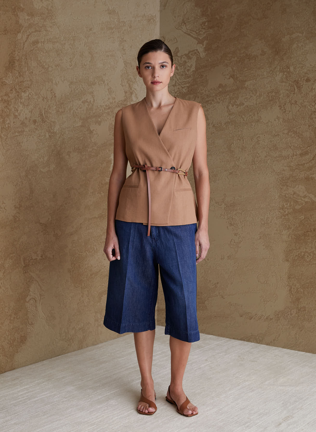 DOUBLE-BREASTED LINEN AND VISCOSE VEST WITH RAMIE DETAILS