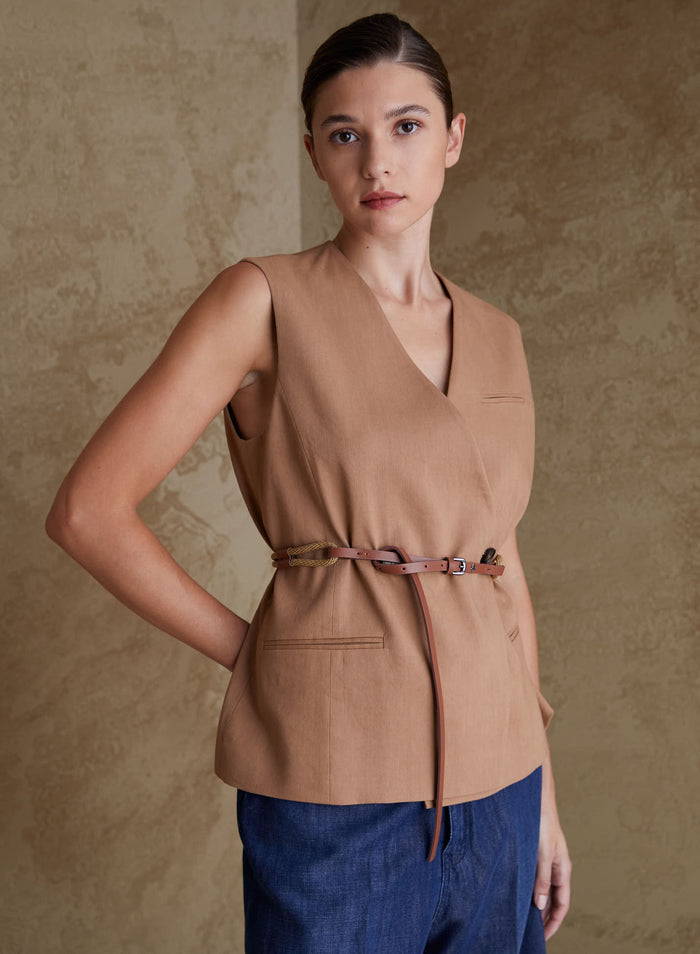 DOUBLE-BREASTED LINEN AND VISCOSE VEST WITH RAMIE DETAILS