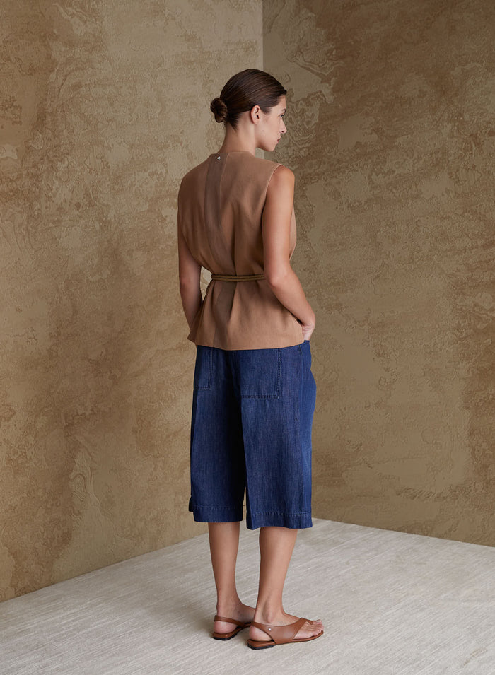 DOUBLE-BREASTED LINEN AND VISCOSE VEST WITH RAMIE DETAILS