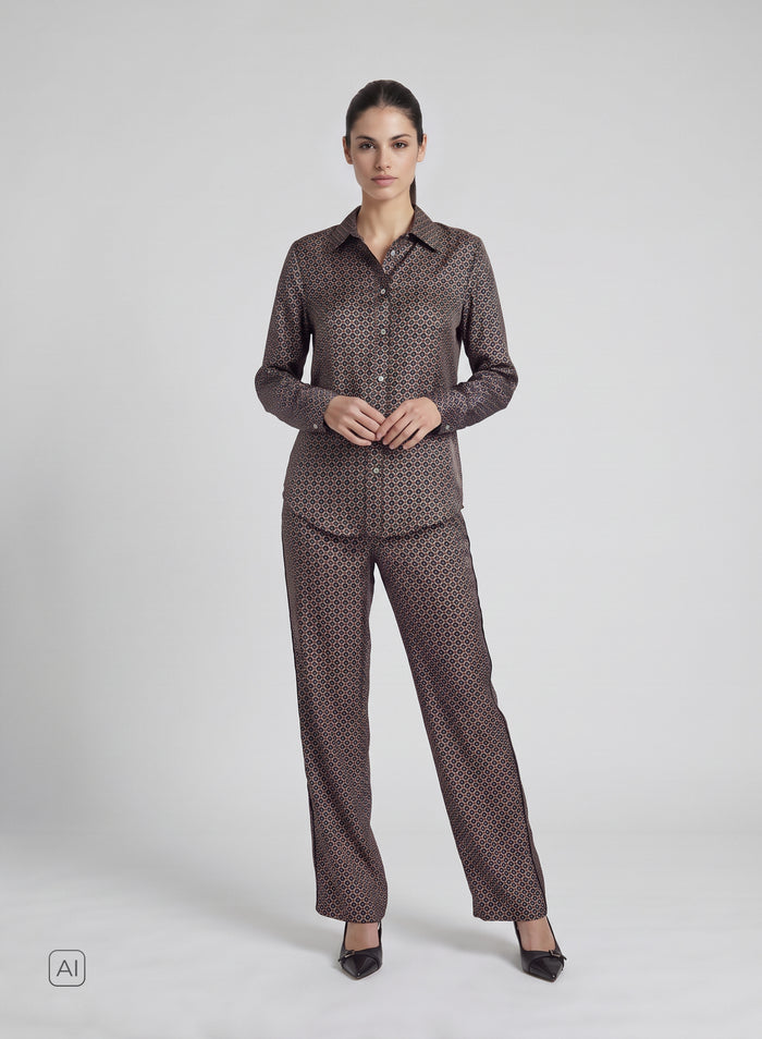 PANTALONI CON COULISSE IN SETA CON STAMPA CRAVATTA GEOMETRICA