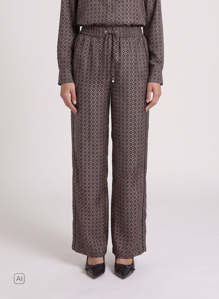 PANTALONI CON COULISSE IN SETA CON STAMPA CRAVATTA GEOMETRICA