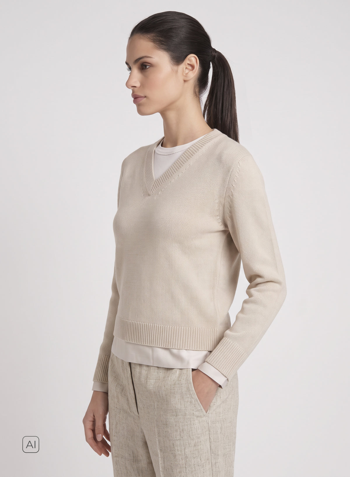 MAGLIA CON SCOLLO A V IN MISTO LANA E CASHMERE A STRATI