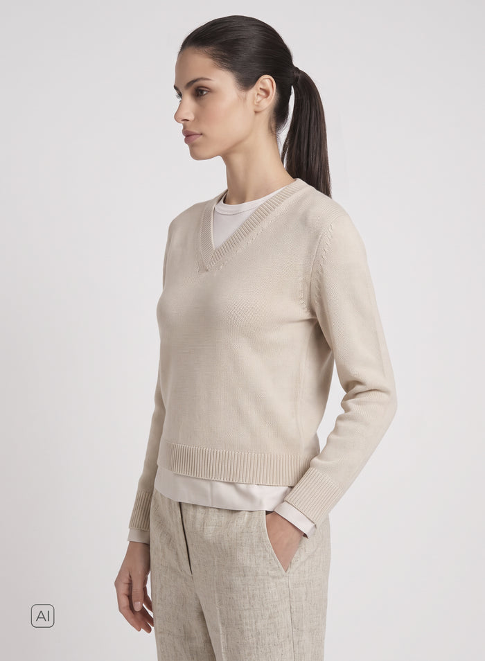 MAGLIA CON SCOLLO A V IN MISTO LANA E CASHMERE A STRATI