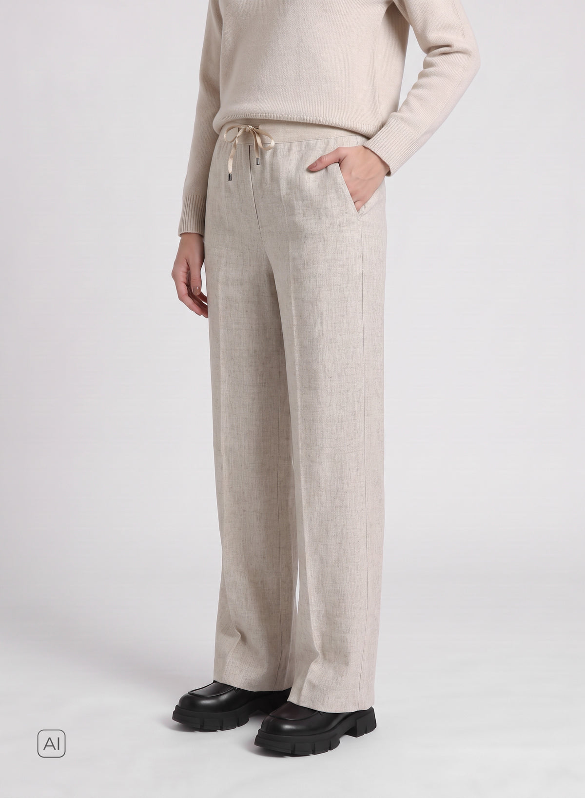 PANTALONI A GAMBA LARGA IN FLANELLA STRETCH