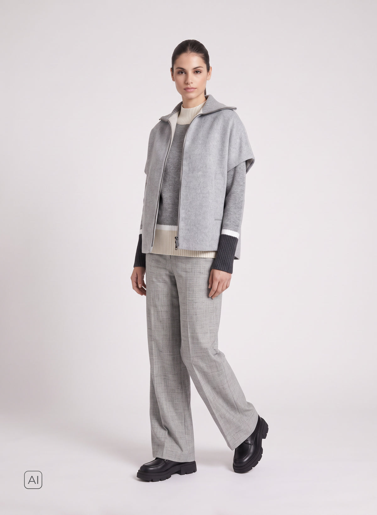 GILET IN DOUBLE DI LANA E ANGORA CON COLLO IN MAGLIA