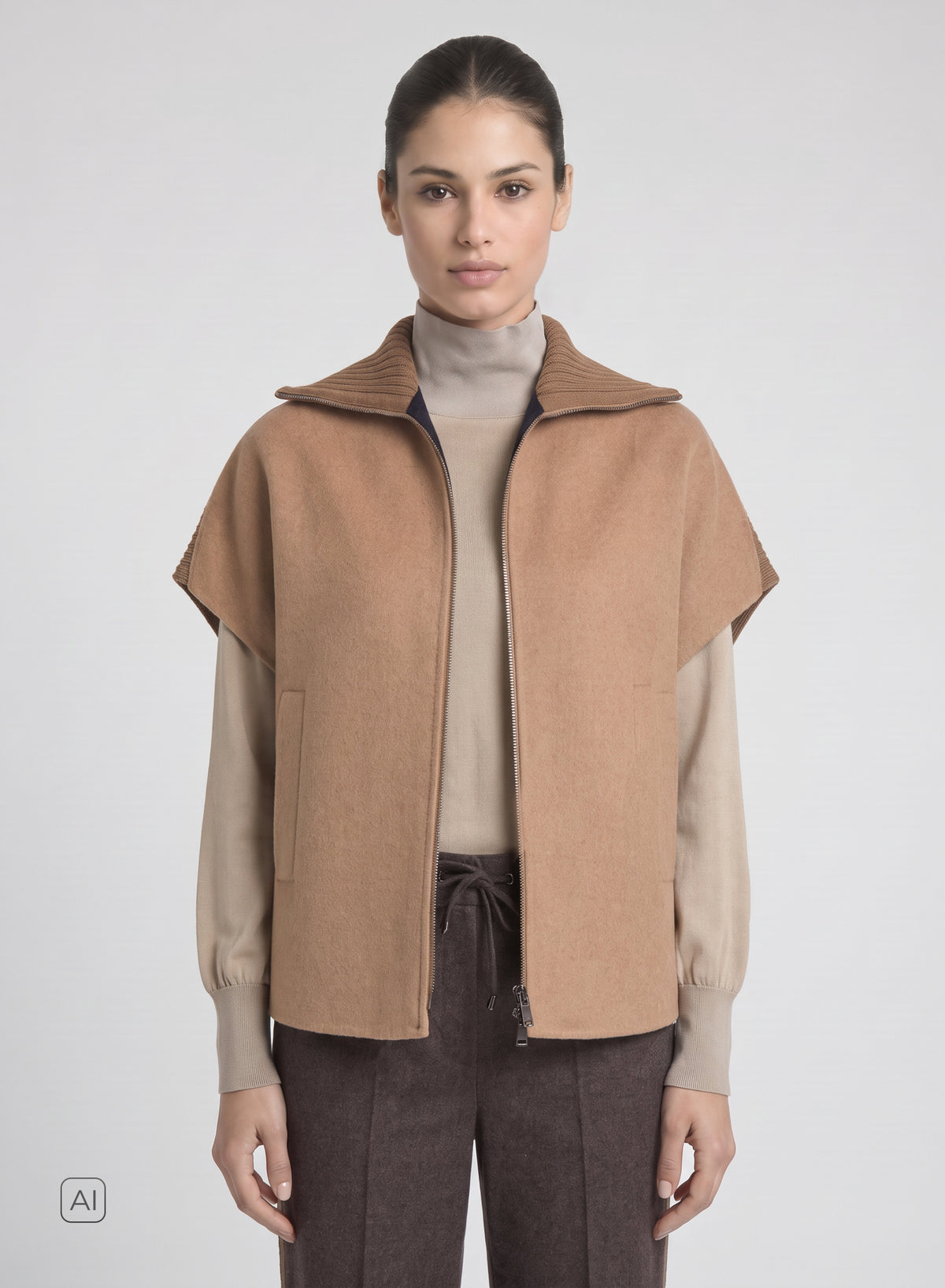 GILET IN DOUBLE DI LANA E ANGORA CON COLLO IN MAGLIA