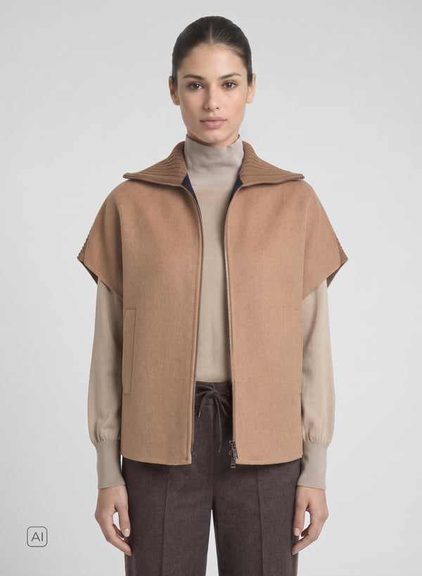 GILET IN DOUBLE DI LANA E ANGORA CON COLLO IN MAGLIA