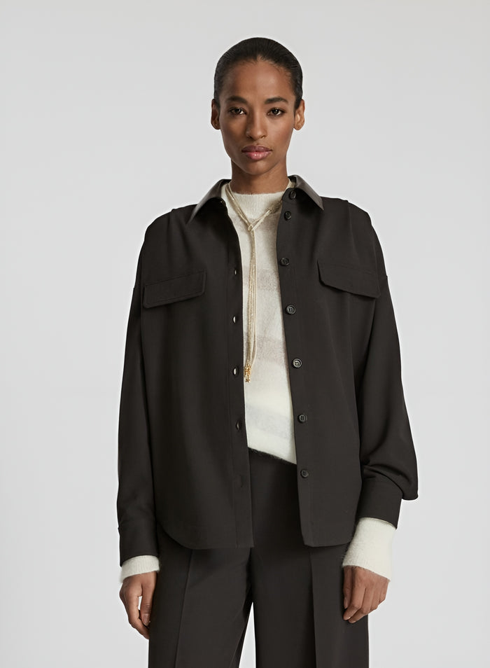 WOOL TWILL SHIRT WITH LEATHER COLLAR