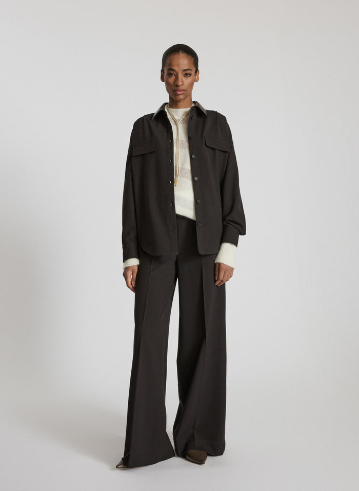 WOOL TWILL PANTS WITH LEATHER DETAIL