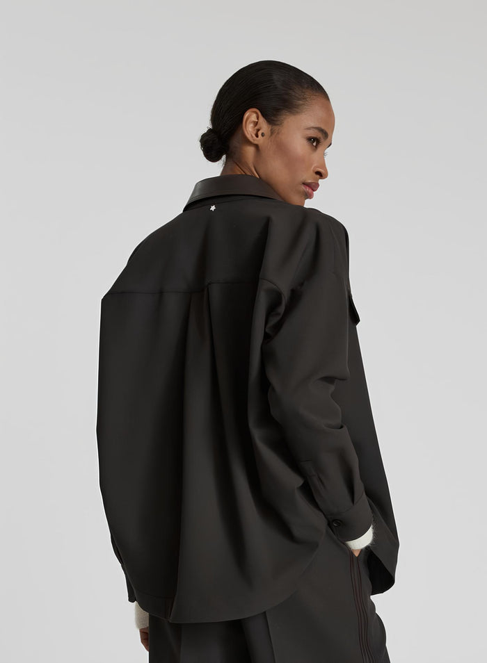 WOOL TWILL SHIRT WITH LEATHER COLLAR