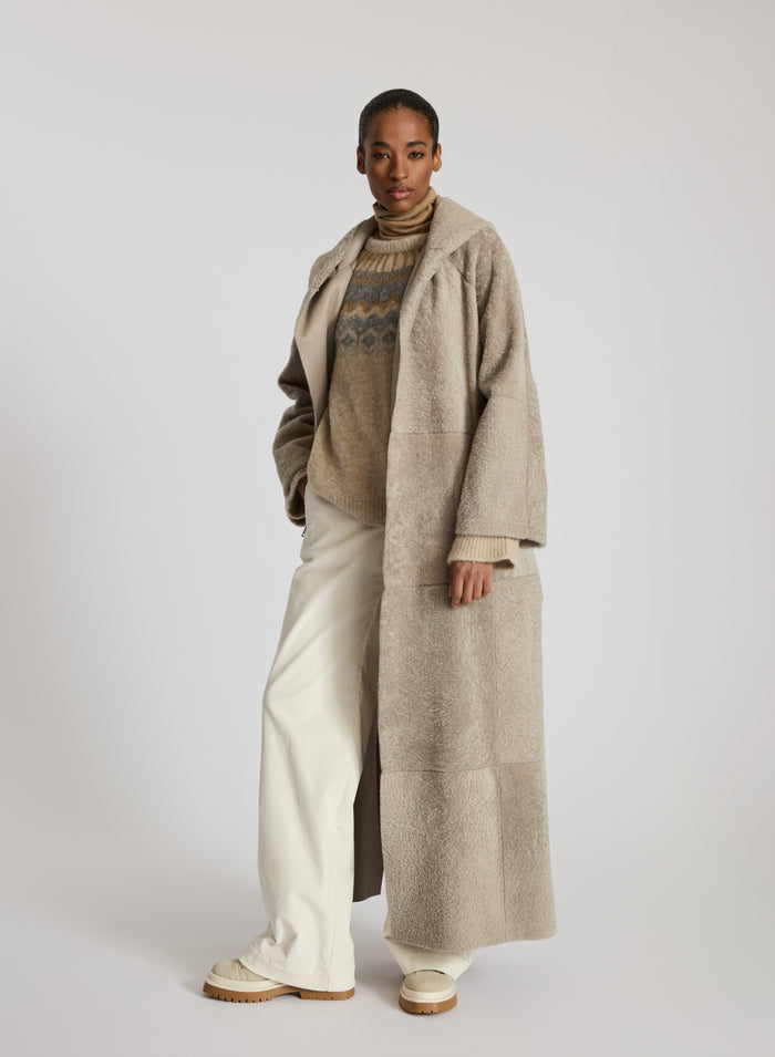 SHEEPSKIN HOODED WRAP COAT