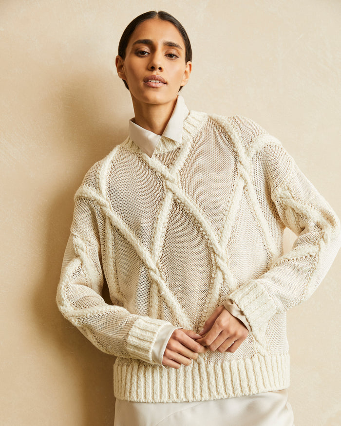 CABLE KNIT CREW-NECK SWEATER WITH DIAMOND PATTERN