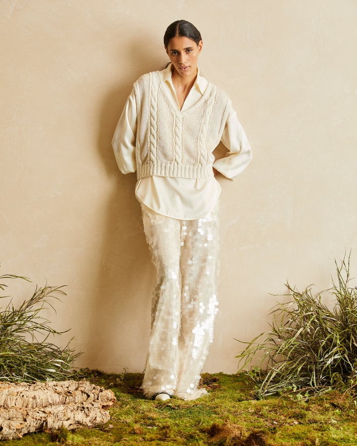 PANTALONI IN TWILL DI SETA CON PAILLETTES