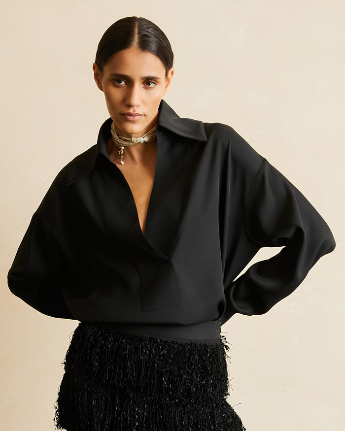 SILK TWILL POLO-NECK BLOUSE