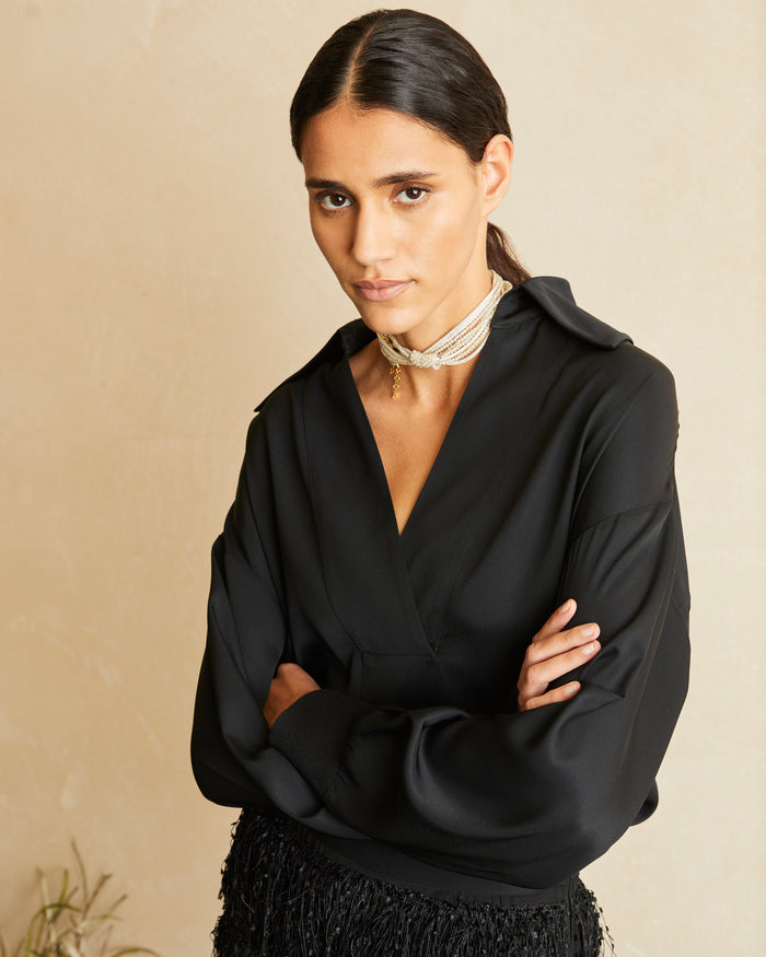 SILK TWILL POLO-NECK BLOUSE