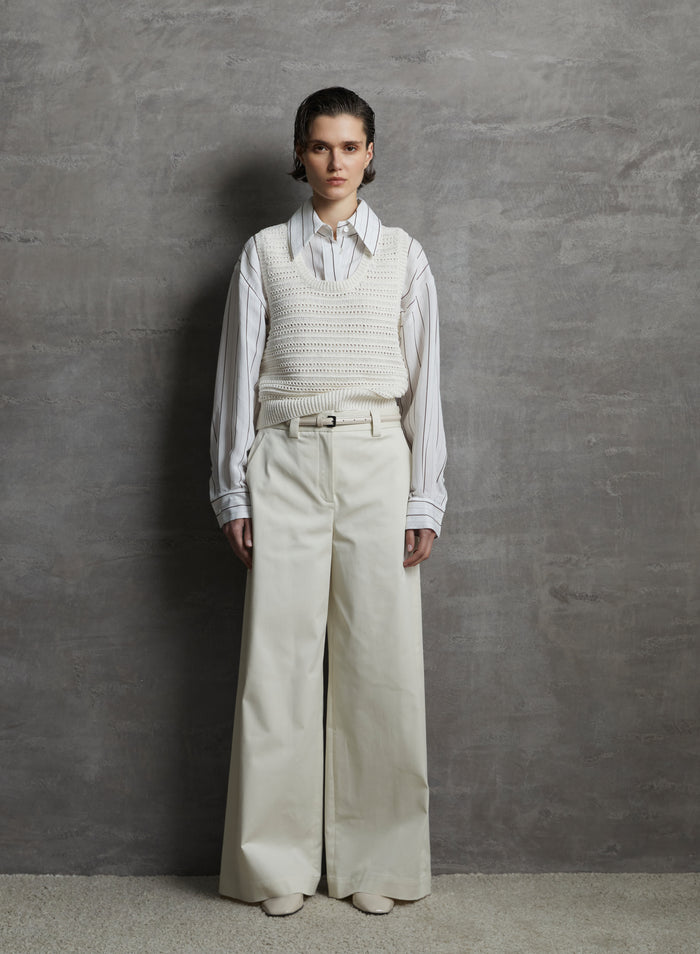 STRETCH COTTON POPLIN WIDE LEG PANTS