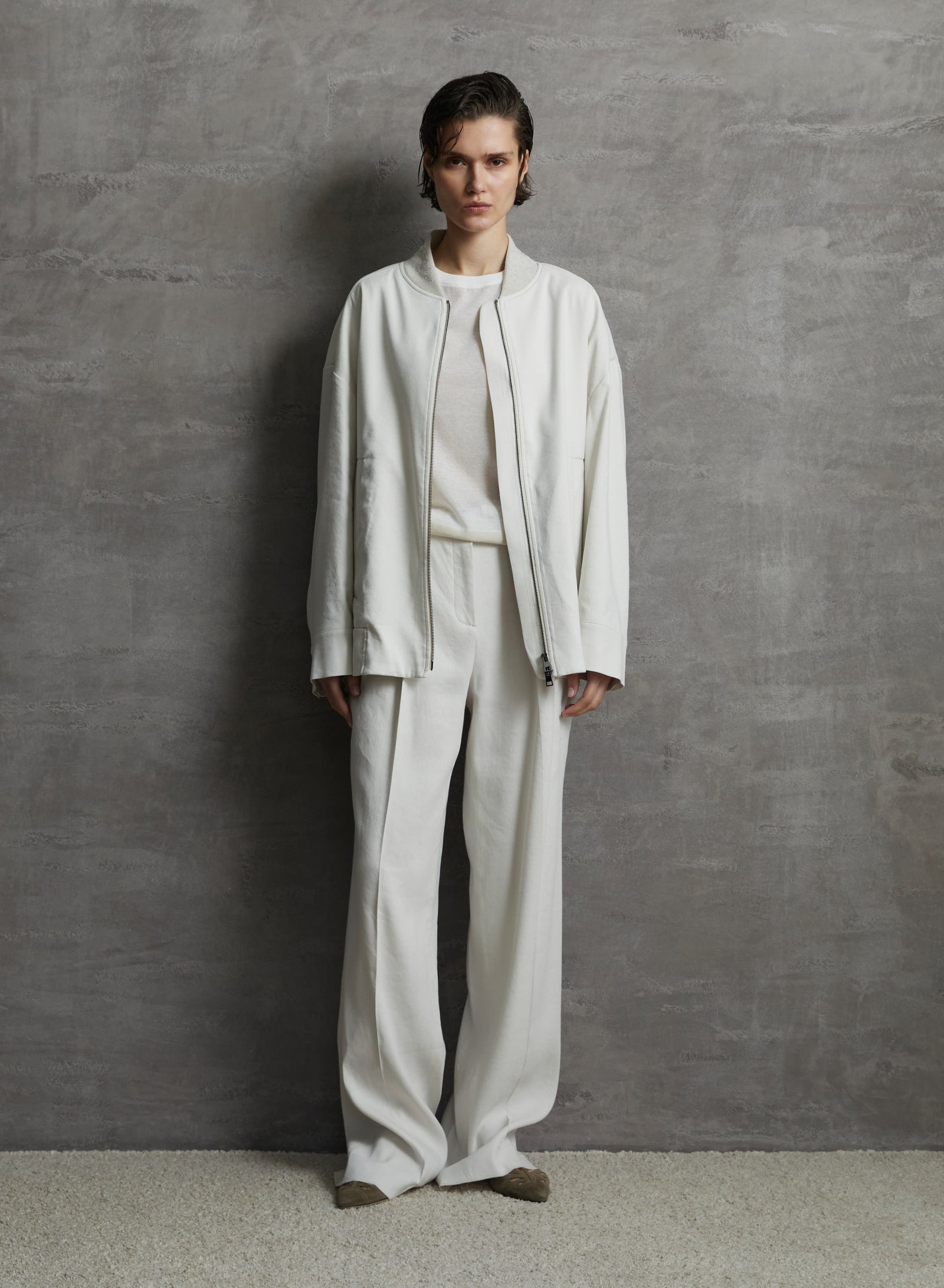 STRETCH LINEN AND VISCOSE BOMBER JACKET WITH EMBROIDERY