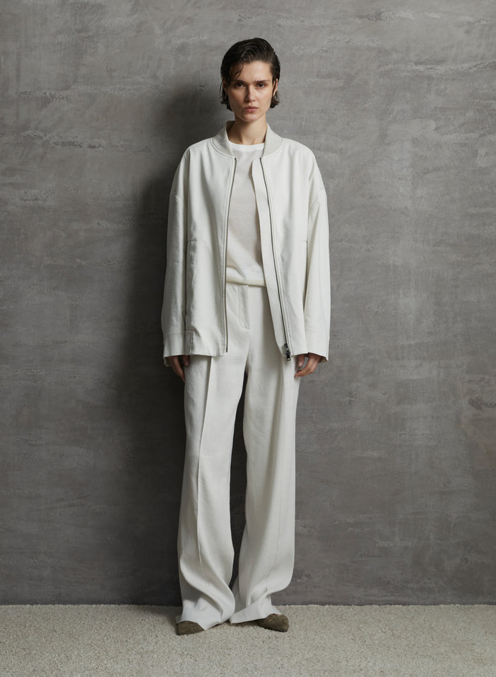 STRETCH LINEN AND VISCOSE BOMBER JACKET WITH EMBROIDERY