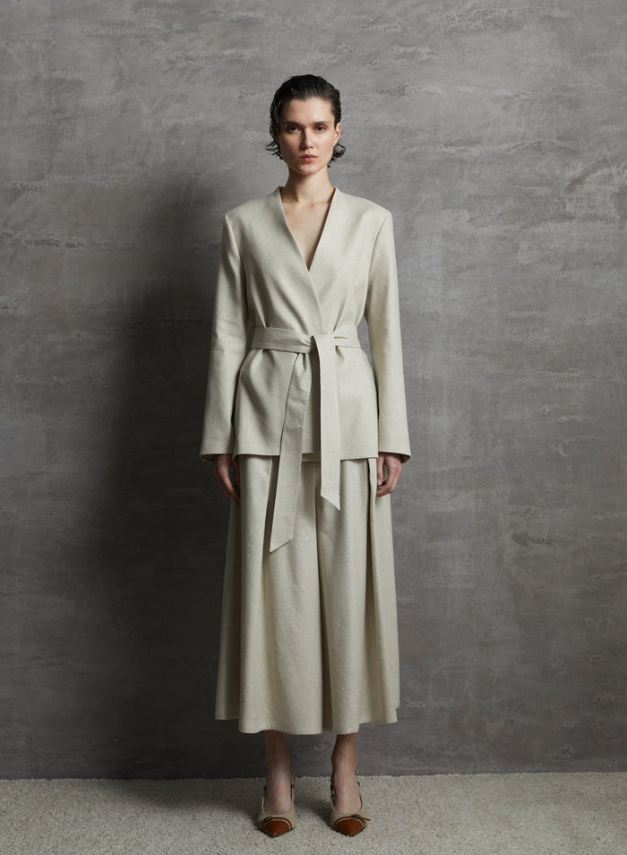 LINEN AND VISCOSE MELANGE BLEND WRAP JACKET WITH BELT