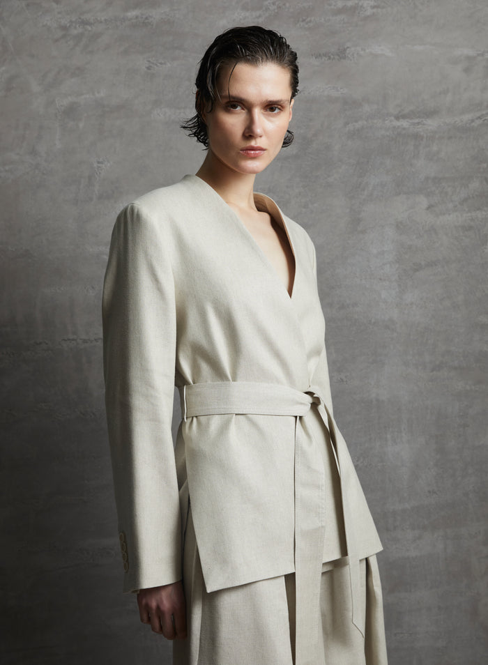LINEN AND VISCOSE MELANGE BLEND WRAP JACKET WITH BELT