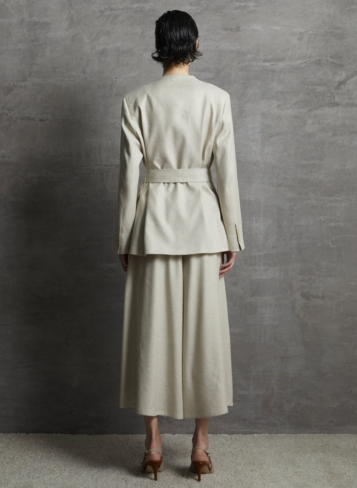 LINEN AND VISCOSE MELANGE BLEND WRAP JACKET WITH BELT