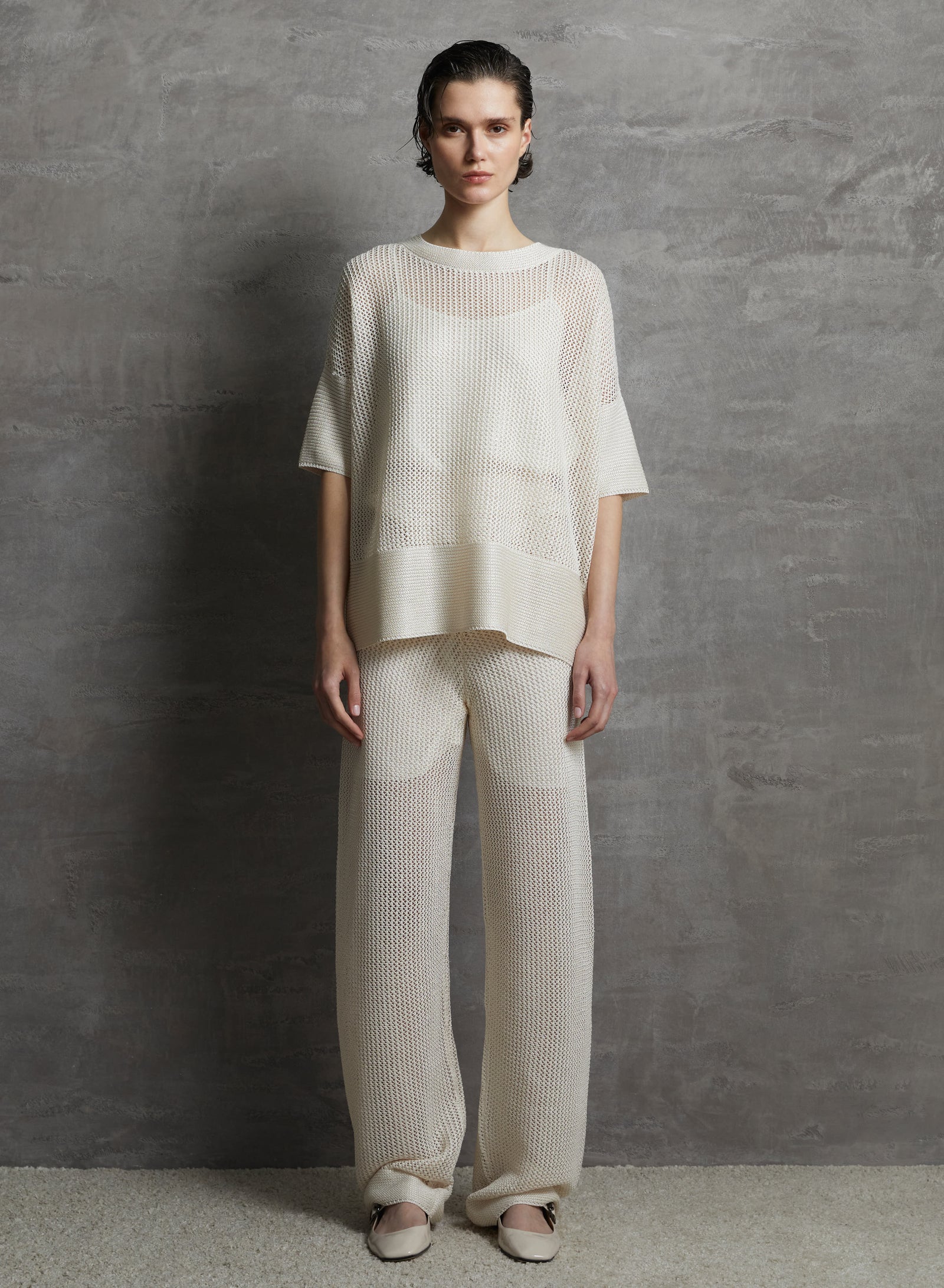 VISCOSE BLEND MESH KNIT TOP WITH SEQUINS