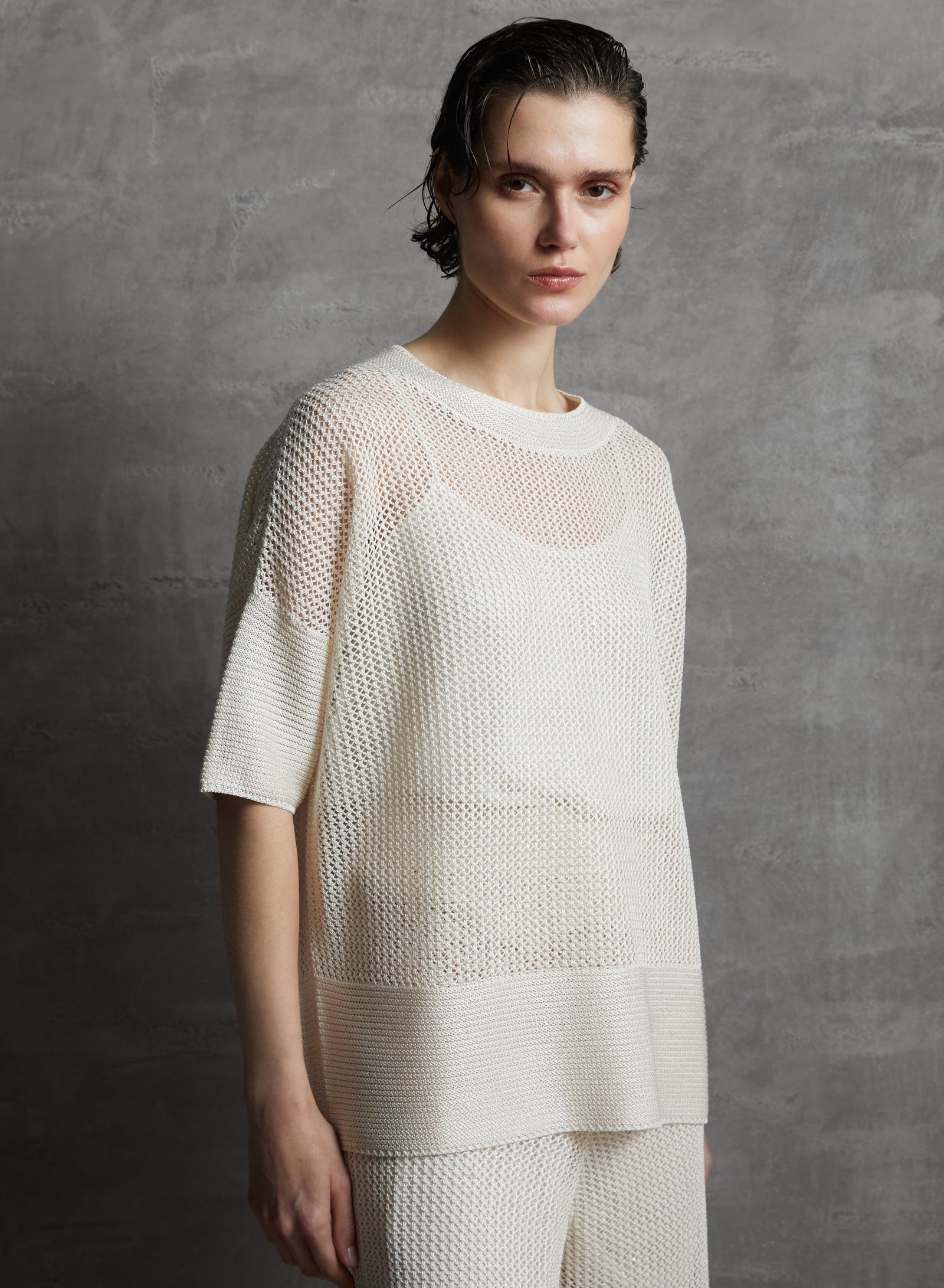 VISCOSE BLEND MESH KNIT TOP WITH SEQUINS